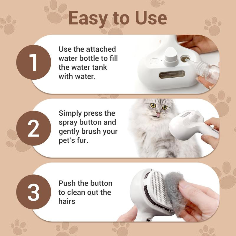 3 in 1 Pet Steam Brush with Slicker Brush, Dog Spray Hair Removal Comb for Shedding & Grooming, Water Brush for Cats Dogs Small Animals Long Short Haired with One-Click Release Button