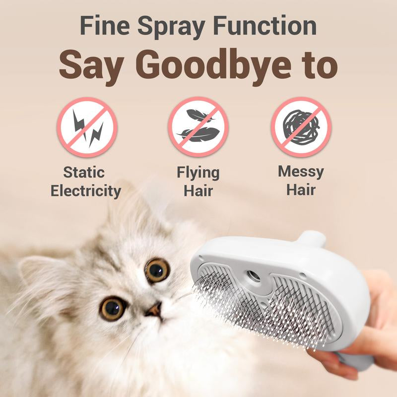 3 in 1 Pet Steam Brush with Slicker Brush, Dog Spray Hair Removal Comb for Shedding & Grooming, Water Brush for Cats Dogs Small Animals Long Short Haired with One-Click Release Button