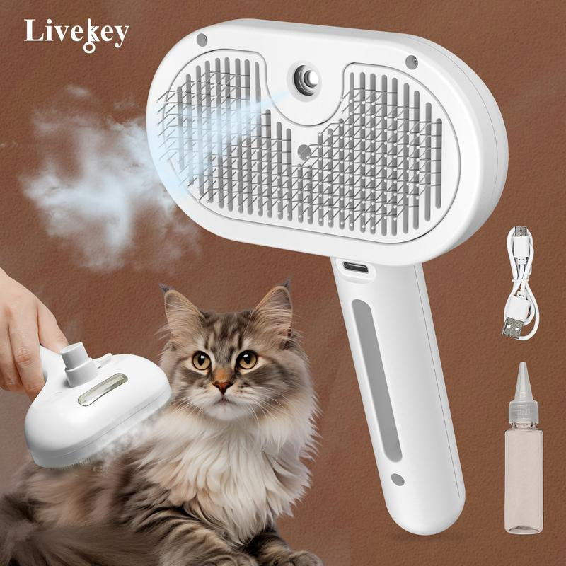 3 in 1 Pet Steam Brush with Slicker Brush, Dog Spray Hair Removal Comb for Shedding & Grooming, Water Brush for Cats Dogs Small Animals Long Short Haired with One-Click Release Button