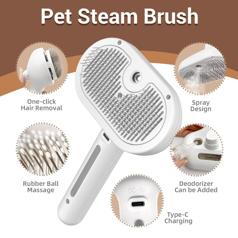 3 in 1 Pet Steam Brush with Slicker Brush, Dog Spray Hair Removal Comb for Shedding & Grooming, Water Brush for Cats Dogs Small Animals Long Short Haired with One-Click Release Button